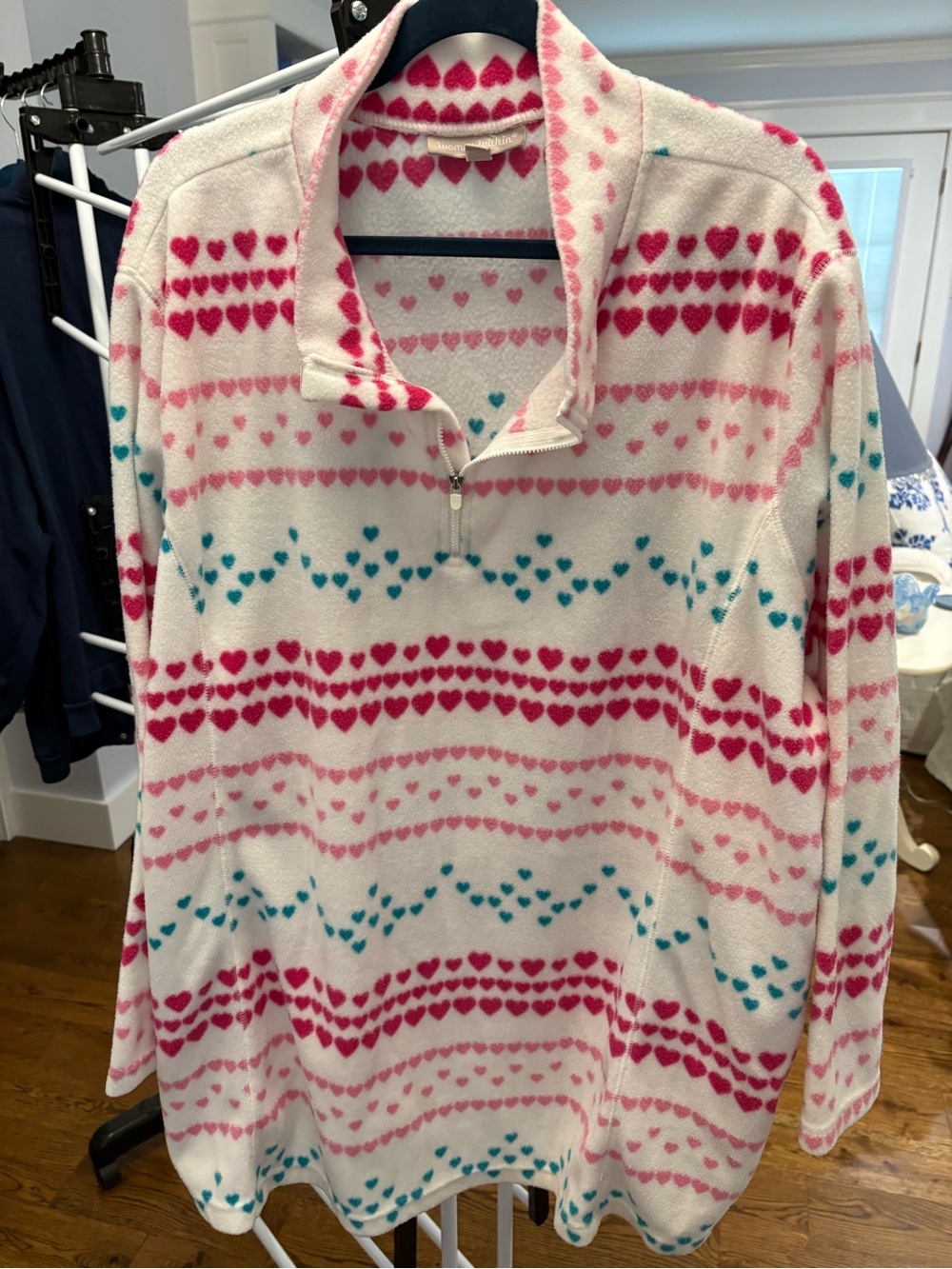 Woman within fleece  Heart-Print Cozy Quarter-Zip Pullover - White, Pink & Teal